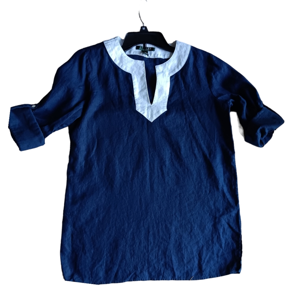 Lauren Ralph Lauren 100% linen navy v  neck tunic/top sz Small
